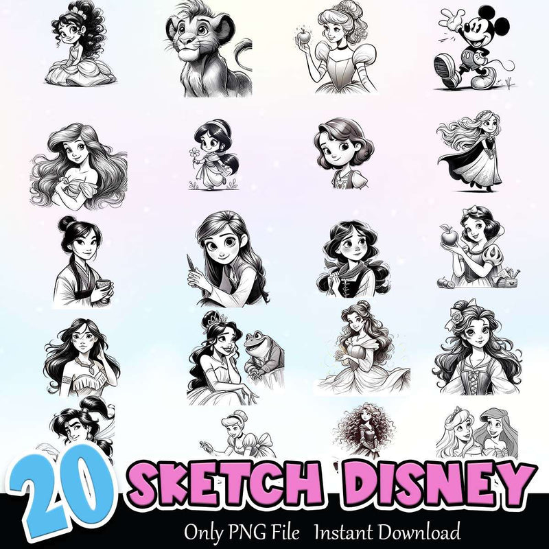 Sketch Disney Characters Bundle PNG Instant Download