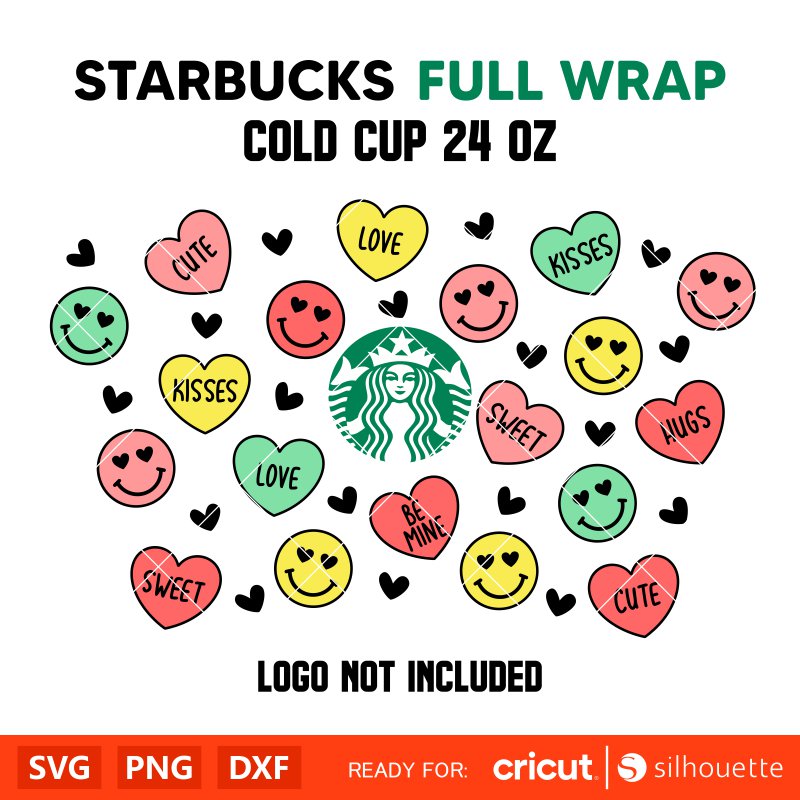 Smiley Hearts Full Wrap Svg, Starbucks Svg, Coffee Ring Svg, Cold Cup Svg, Cricut, Silhouette Vector Cut File