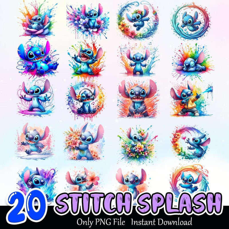 Stitch Splash Watercolor Bundle PNG Instant Download