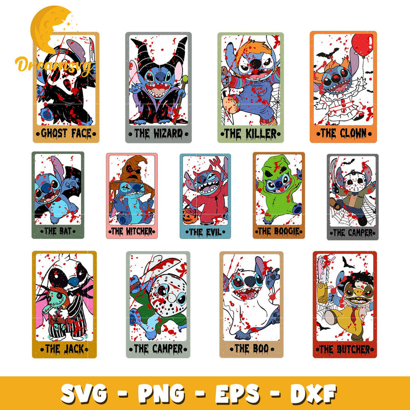 Stitch horror characters tarot card bundle svg, Stitch halloween svg