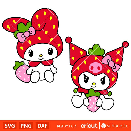 Strawberry My Melody &amp; Kuromi Bundle Svg, Sanrio Svg, Hello Kitty Svg, Kawaii Svg, Cricut, Silhouette Vector Cut File