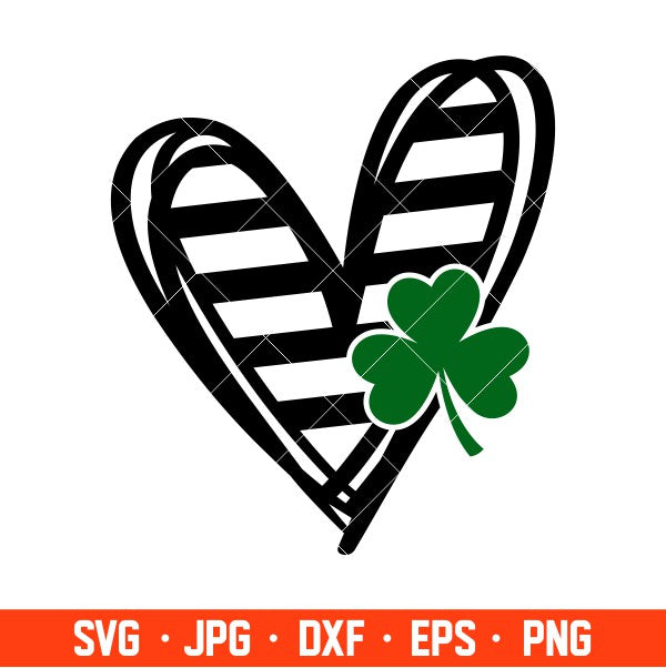 Stripped Heart With Clover Svg, St. Patrick’s Day Svg, Lucky Svg, Irish Svg, Clover Svg, Cricut, Silhouette Vector Cut File