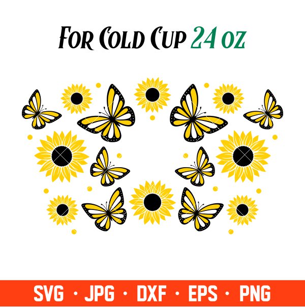 Sunflower Butterflies Full Wrap Svg, Starbucks Svg, Coffee Ring Svg, Cold Cup Svg, Cricut, Silhouette Vector Cut File