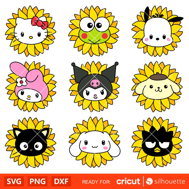 Sunflower Hello Kitty Bundle Svg, Hello Kitty Sunflower Svg for Cricut, Silhouette Vector Cut Files