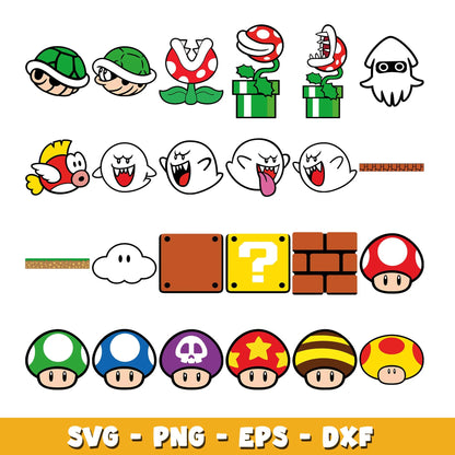 Super Mario SVG Bundle, Mario Birthday SVG, Super Mario Alphabet SVG, Mario Bros Clipart PNG Vector Files