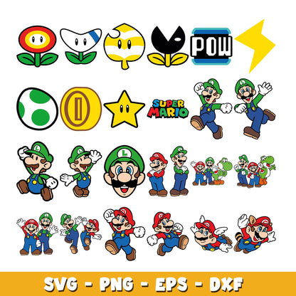 Super Mario SVG Bundle, Mario Birthday SVG, Super Mario Alphabet SVG, Mario Bros Clipart PNG Vector Files