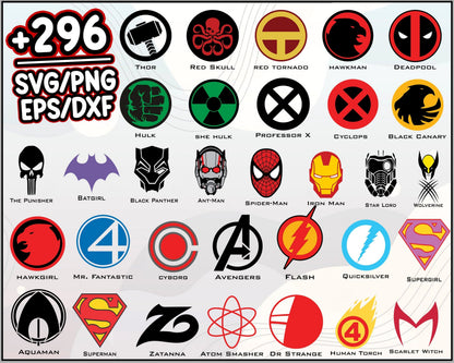 296+ Superhero Icons Svg Bundle, Marvel Svg, Avengers Svg, Cartoon svg, png, dxf, eps digital file