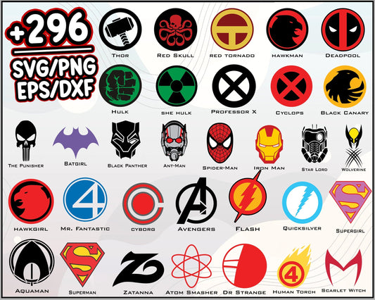 296+ Superhero Icons Svg Bundle, Marvel Svg, Avengers Svg, Cartoon svg, png, dxf, eps digital file