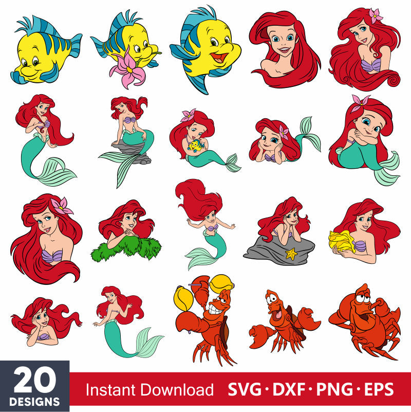 Ariel Little Mermaid Svg Bundle, Disney Princess Ariel Cliparts, Little Mermaid Svg For Cricut, Silhouette Vector Cut Files