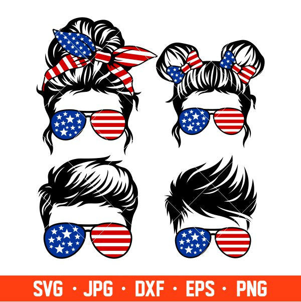 USA Fam Life Bundle Svg, Messy Bun Hair Svg, American Mom Life Svg, Dad Life Svg, Boy Girl Svg, 4th of July Svg, Cricut, Silhouette Vector Cut File