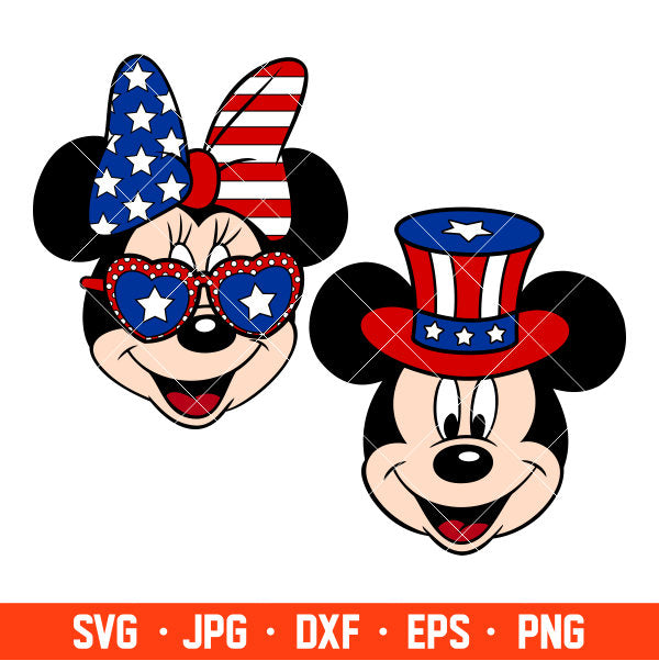 USA Flag Mickey &amp; Minnie Mouse Svg, Free Svg, Daily Freebies Svg, Cricut, Silhouette Vector Cut File