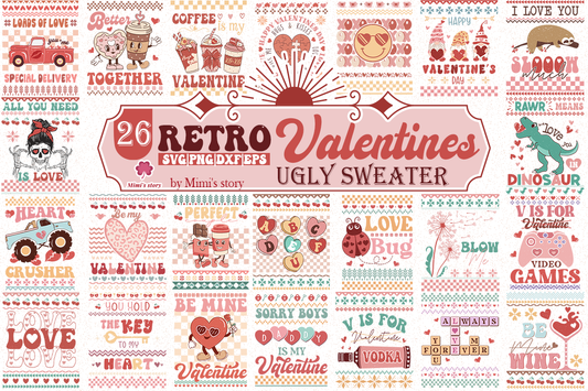 26 Valentine's day, Retro Valentines bundle, Ugly sweater, Valentine SVG PNG EPS DXF, Design Digital Download VLT15122214