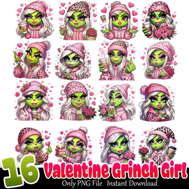 Valentine Grinch Girl Bundle PNG 16+ Pink Valentine PNG Instant Download