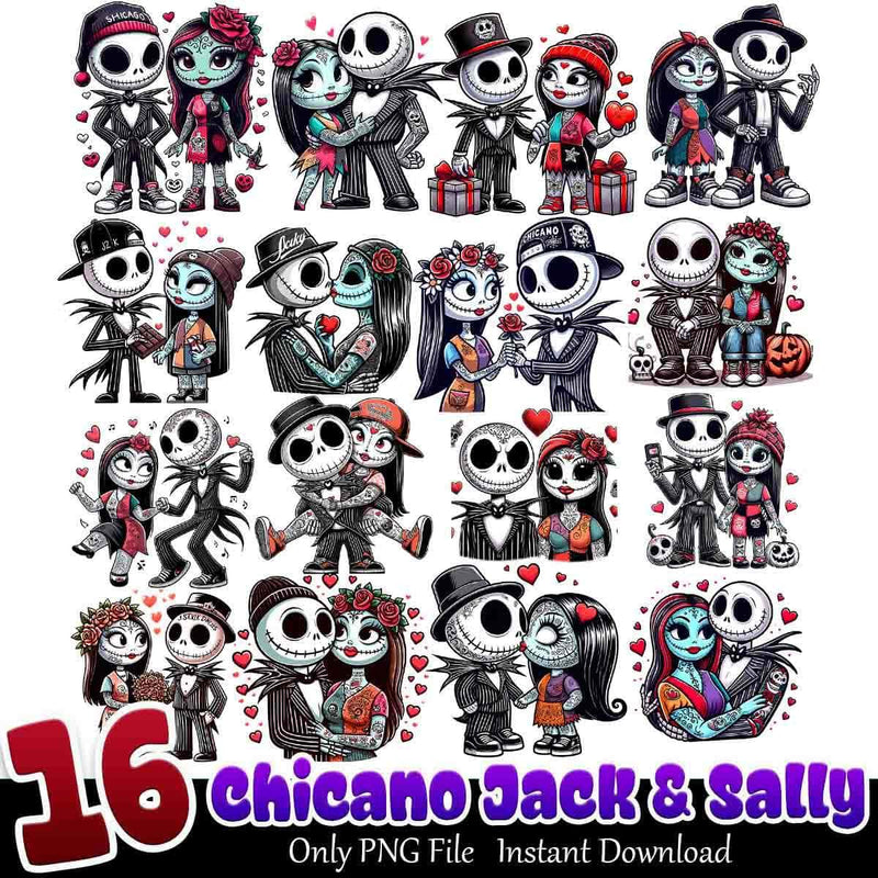 Chicano Jack and Sally Bundle PNG 16+ Jack Skellington Love PNG Instant Download