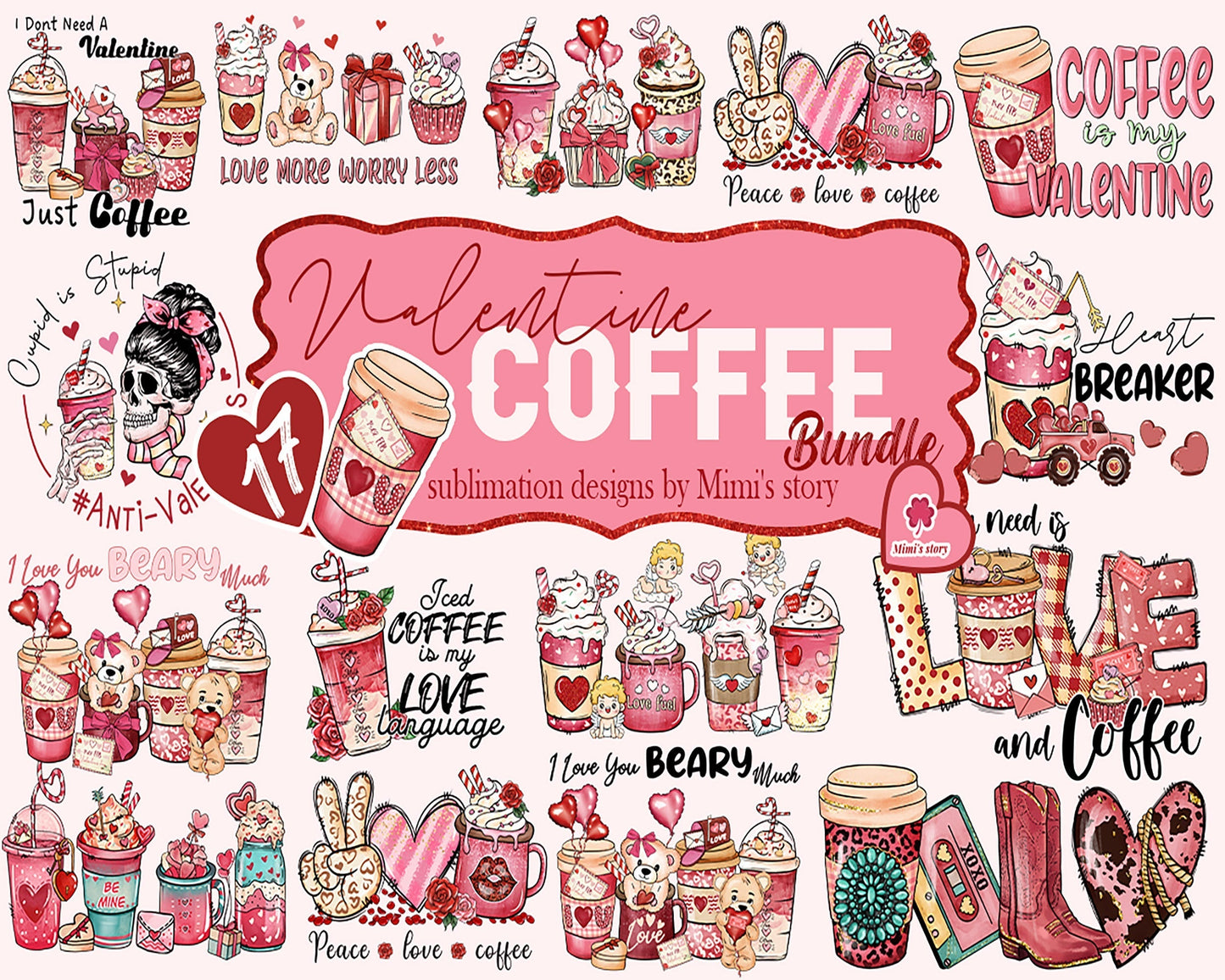 17 Valentine's day PNG, Valentines coffee bundle, Valentine sublimation Design Digital Download VLT29122201