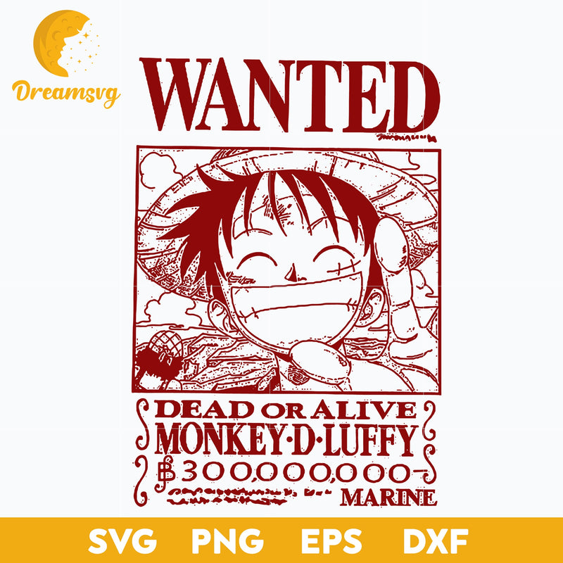 Wanted Luffy One Piece Svg, Luffy One Piece Svg, Luffy Svg, One Piece Anime Svg, Luffy Vector Anime Svg, png, eps, dxf digital download.