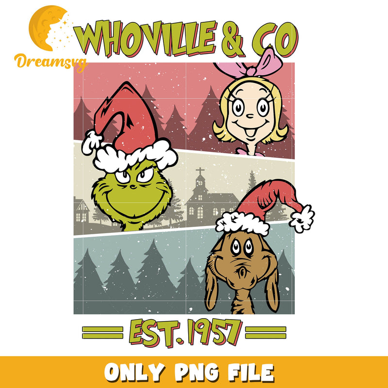 Whoville and co est 1957 christmas png, grinch cindy lou and max png