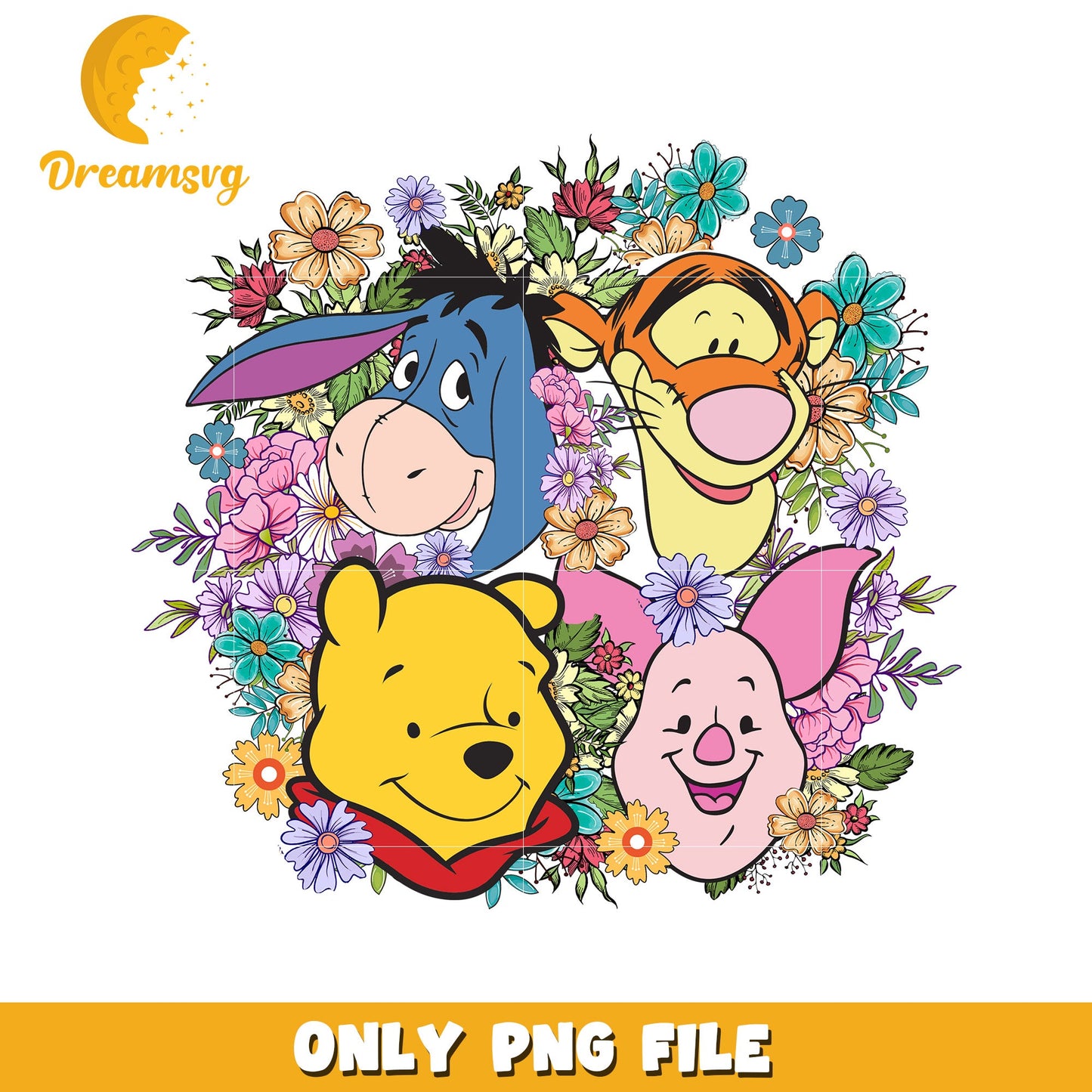 Winnie the Pooh Friends Floral Design PNG Downloadable Art