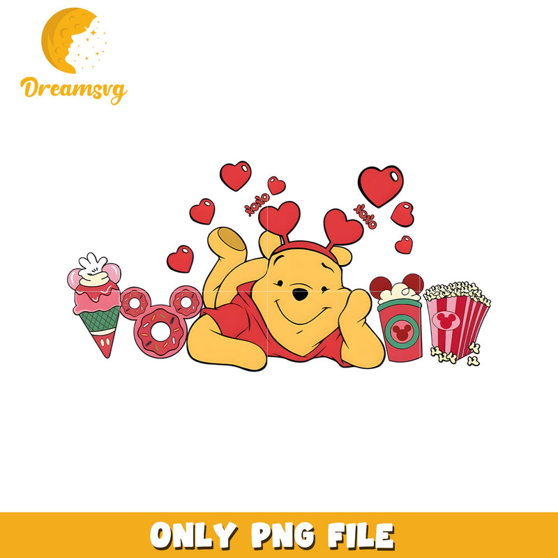 Winnie the Pooh Fun Food and Love Hearts PNG Design