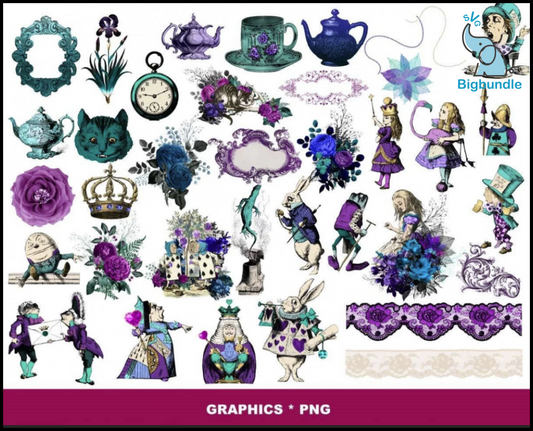 Alice in wonderland digital paper and graphics 300+ png