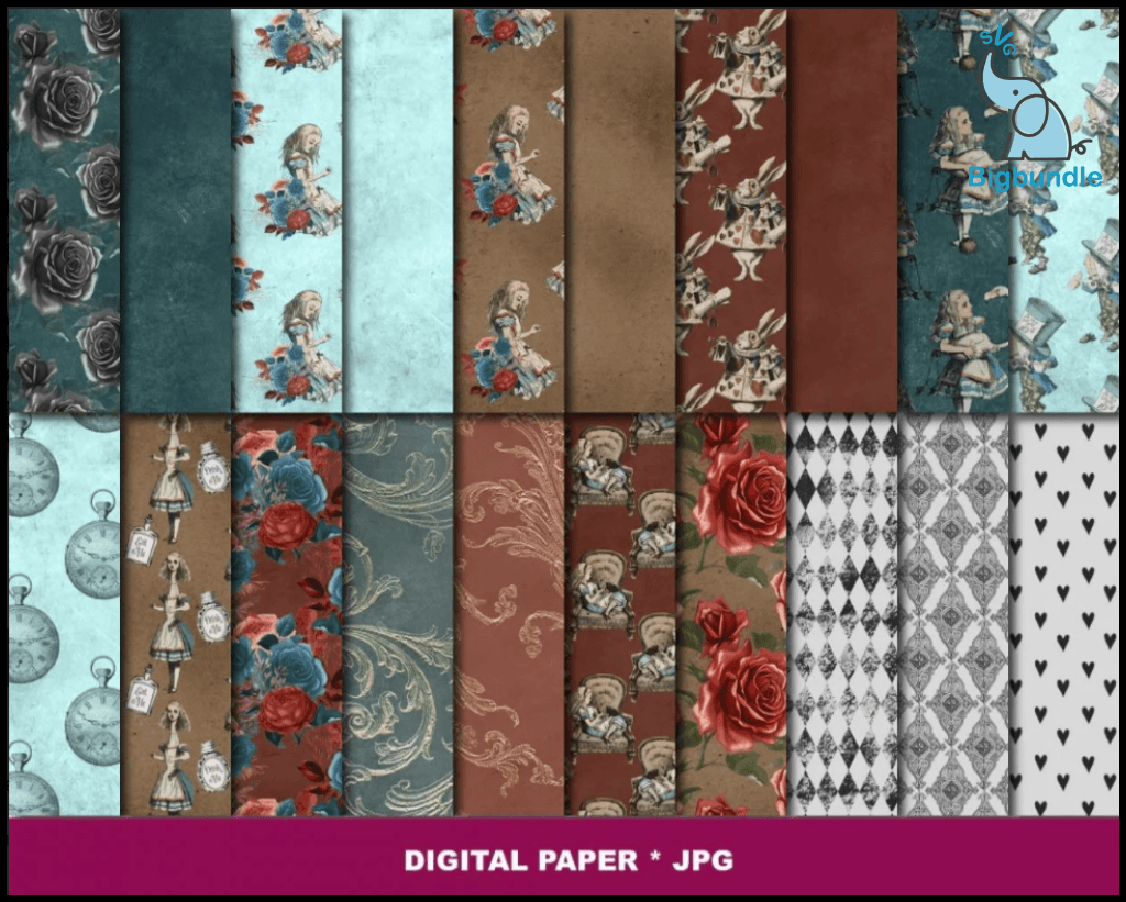 Alice in wonderland digital paper and graphics 300+ png