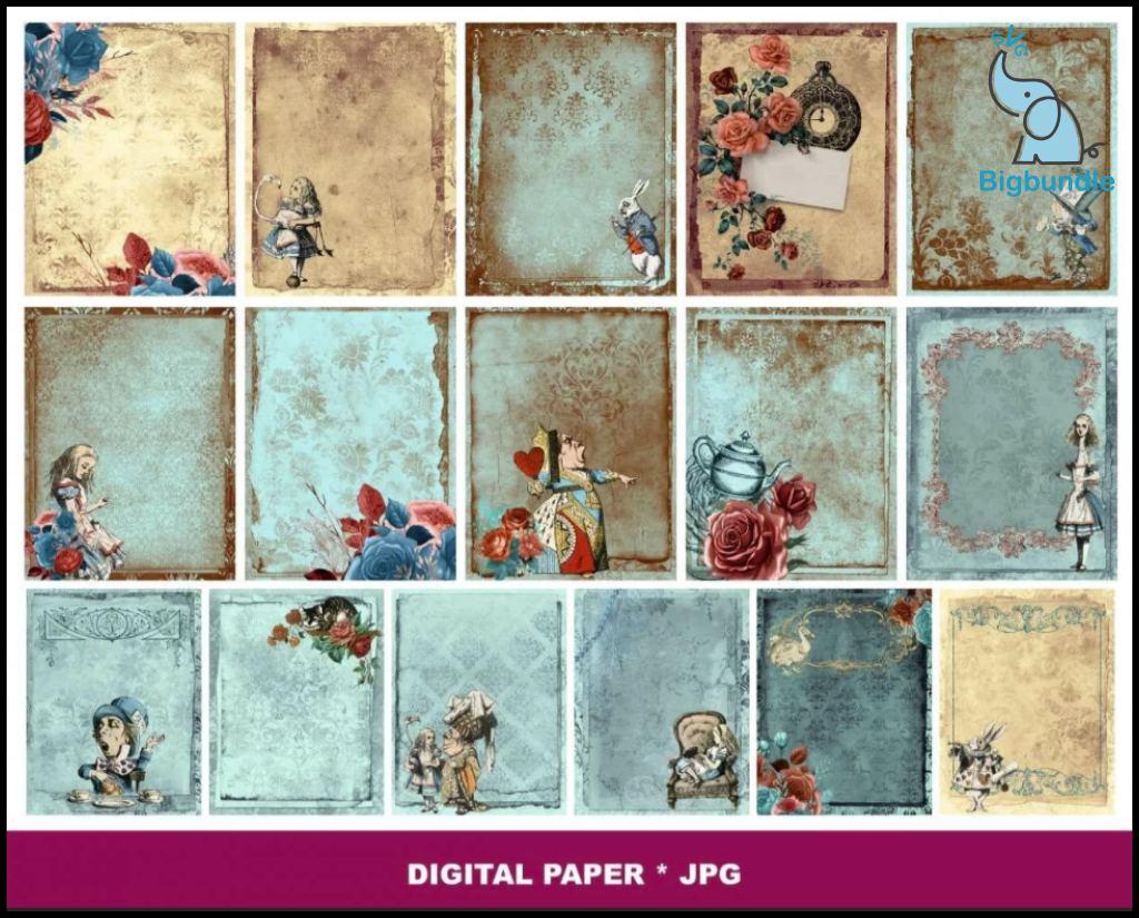 Alice in wonderland digital paper and graphics 300+ png