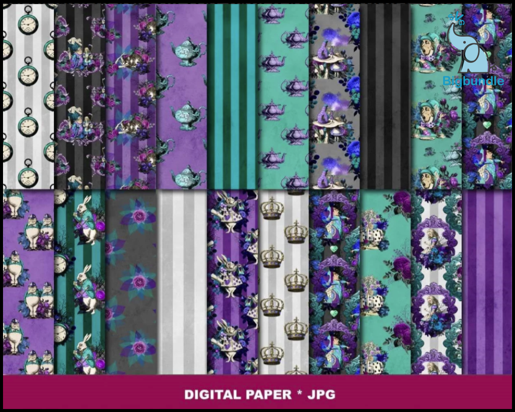 Alice in wonderland digital paper and graphics 300+ png
