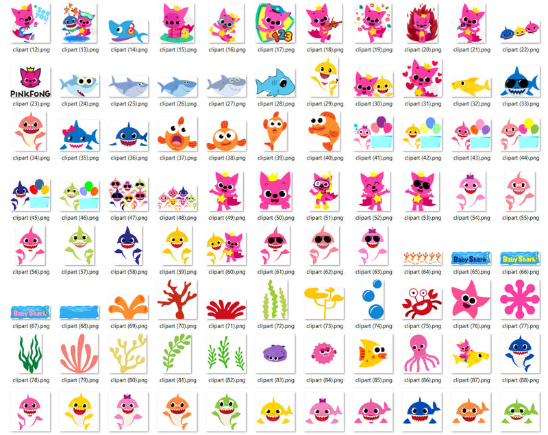 Baby Shark 100 cliparts set, transparent PNG, designs for decoration / sublimation, instant download