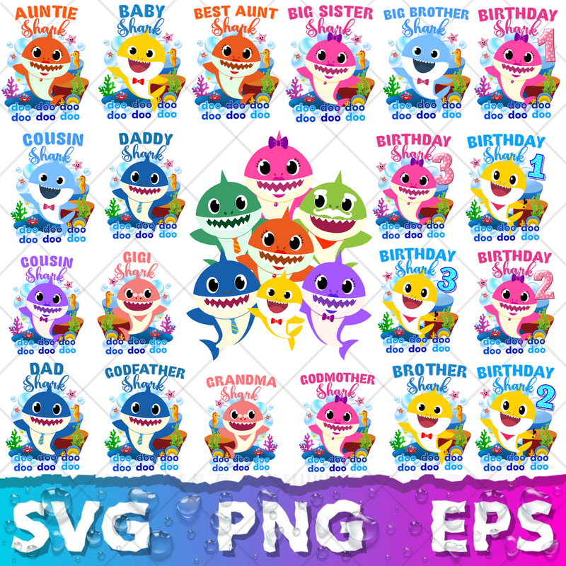 Baby Shark SVG Bundle +500 Files, Family Baby Shark Alphabet SVG, Cartoon Family Shark PNG Files, For Cricut and Silhouette