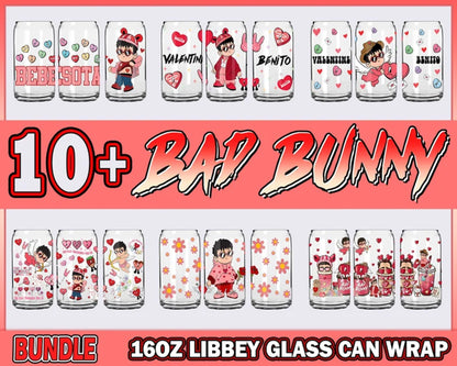 10+ Valentine Bad Bunny Glass Can Wrap Png, Valentine 16oz Libbey Glass Wrap Png, Trendy Valentine Png,Valentine Benito Png