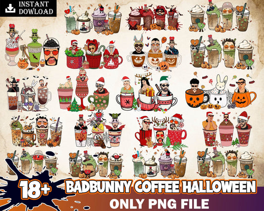 18+ Bad Bunny Halloween coffee, Bad Bunny Horror PNG, Bad Bunny coffee cups in png format, Digital download.