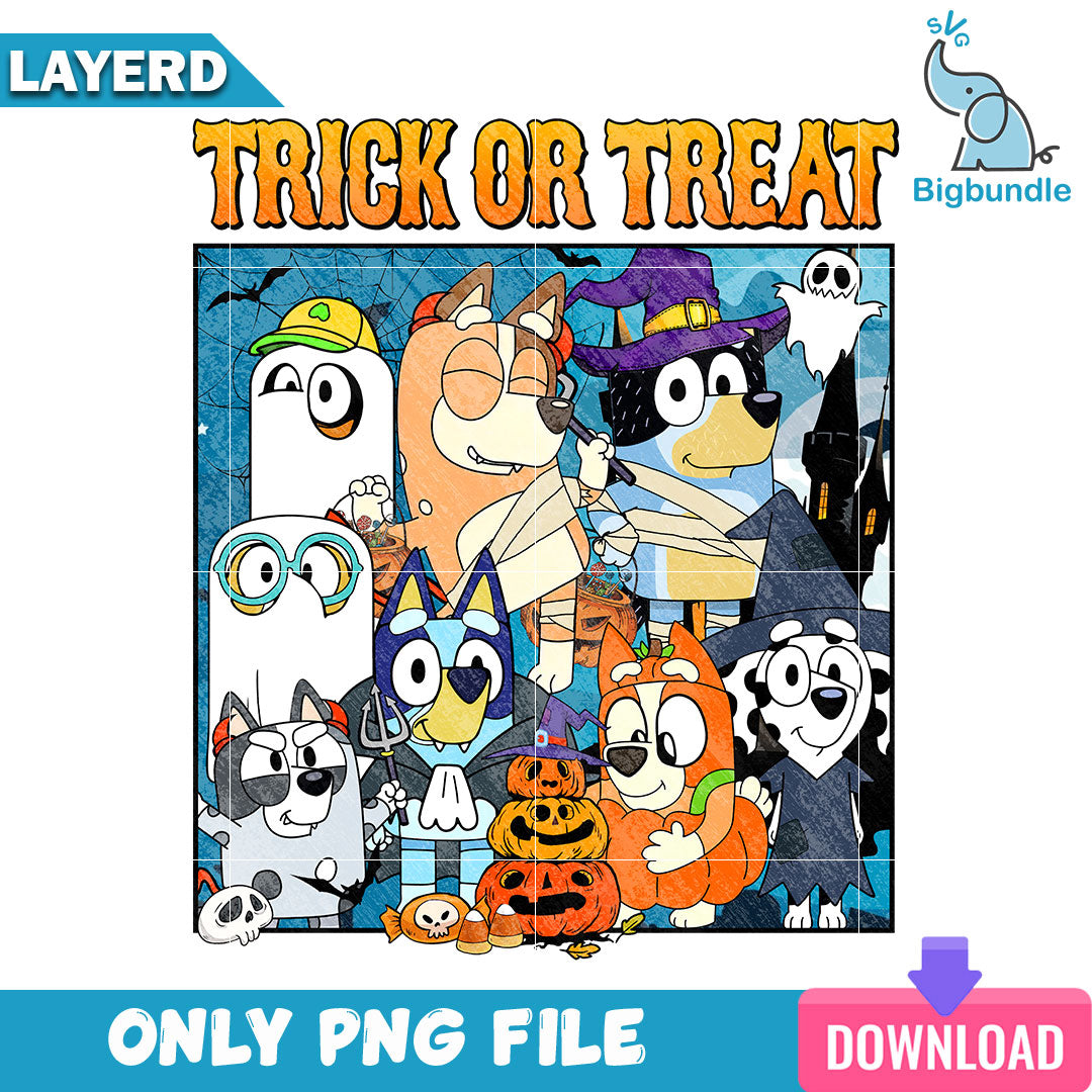 Bluey and friends trick or treat halloween, Bluey halloween png, Digit