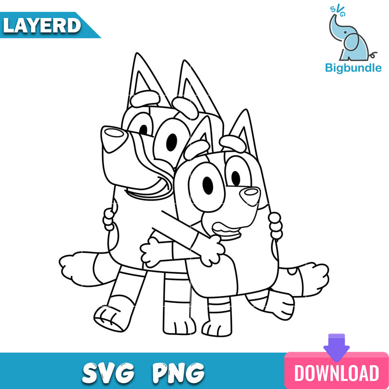 Bluey and bingo hug outline svg, bluey svg, digital download.