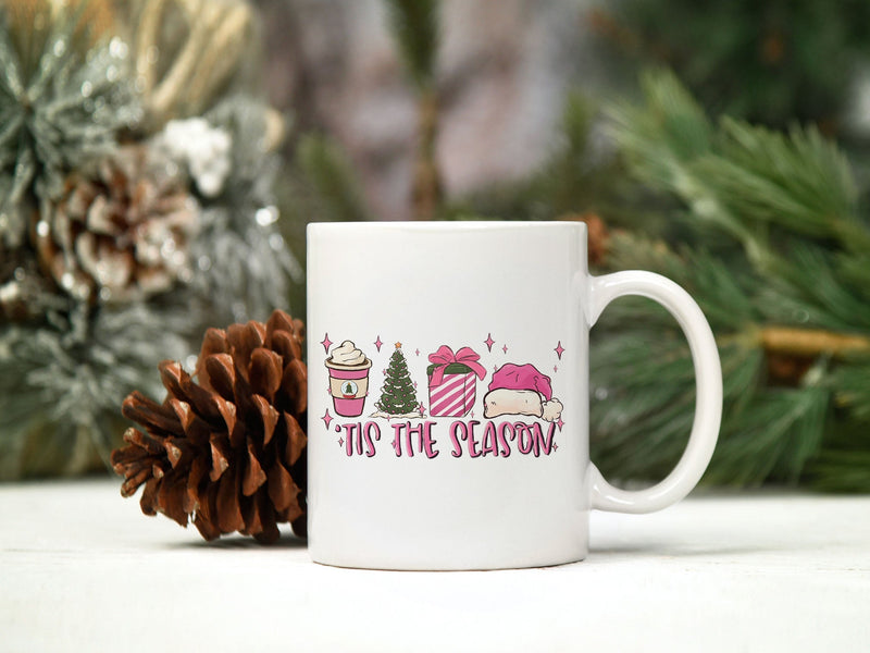 Tis The Season PNG, Cups Coffee Christmas Tree Gift Santa Hat PNG.