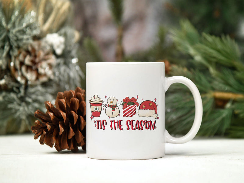 Tis The Season Christmas PNG, Cups Coffee Snowman Santa Hat PNG.