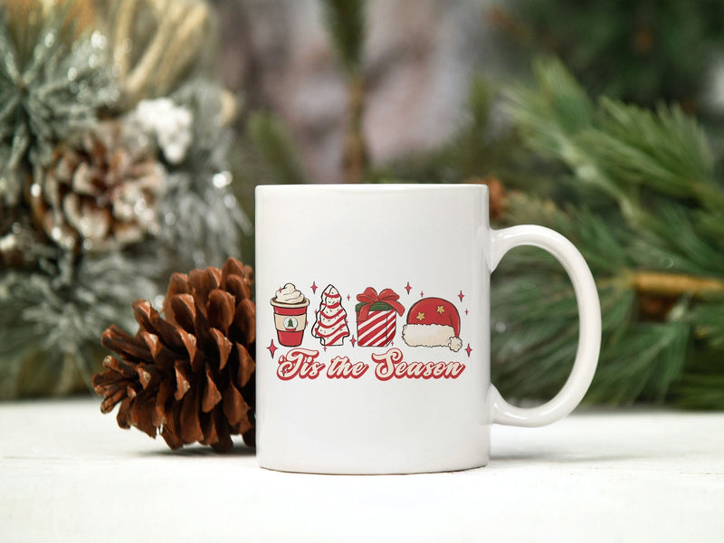 Tis The Season PNG, Coffee Cups Candy Cane Gift Santa Hat Christmas PNG.