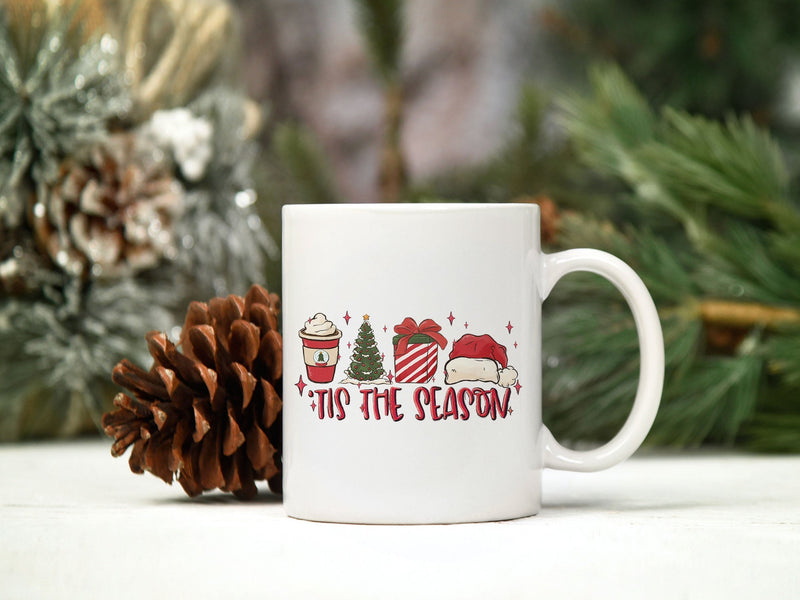 Tis The Season PNG, Coffee Cups Christmas Tree Gift Santa Hat Christmas PNG.