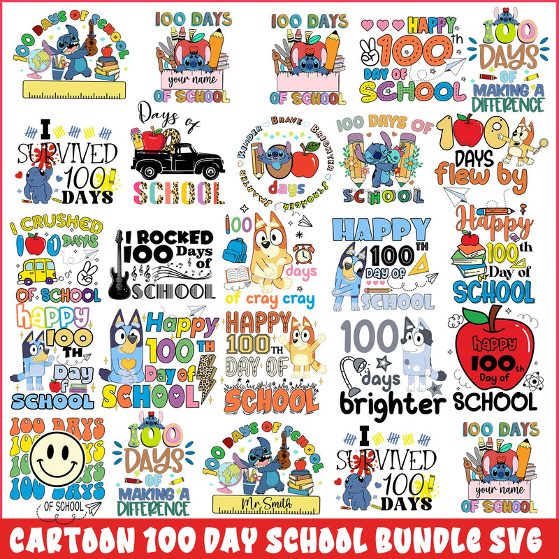 cartoon 100 day school bundle svg