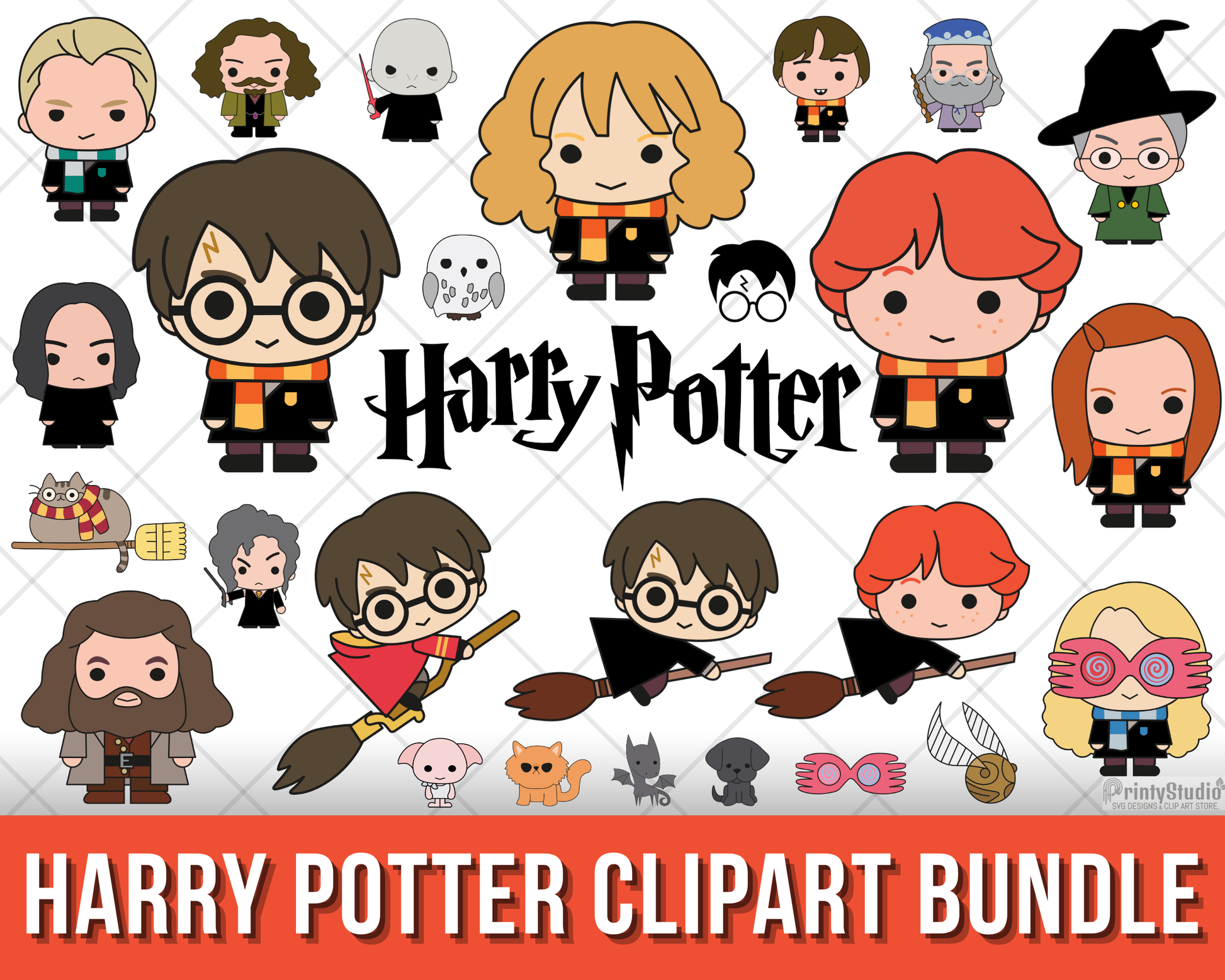 Chibi Harry Potter Clipart Bundle, Harry Potter SVG Cut Files for Cricut / Silhouette, Harry Potter Alphabet PNG Vector Files