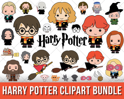 Chibi Harry Potter Clipart Bundle, Harry Potter SVG Cut Files for Cricut / Silhouette, Harry Potter Alphabet PNG Vector Files