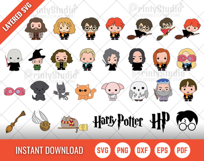 Chibi Harry Potter Clipart Bundle, Harry Potter SVG Cut Files for Cricut / Silhouette, Harry Potter Alphabet PNG Vector Files