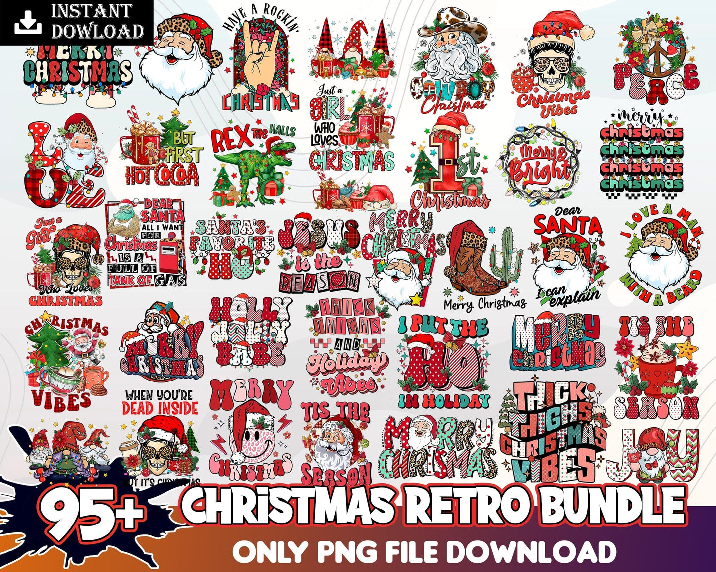 95+ Retro Christmas bundle, Christmas digital bundle, Designs bundle in PNG formats.