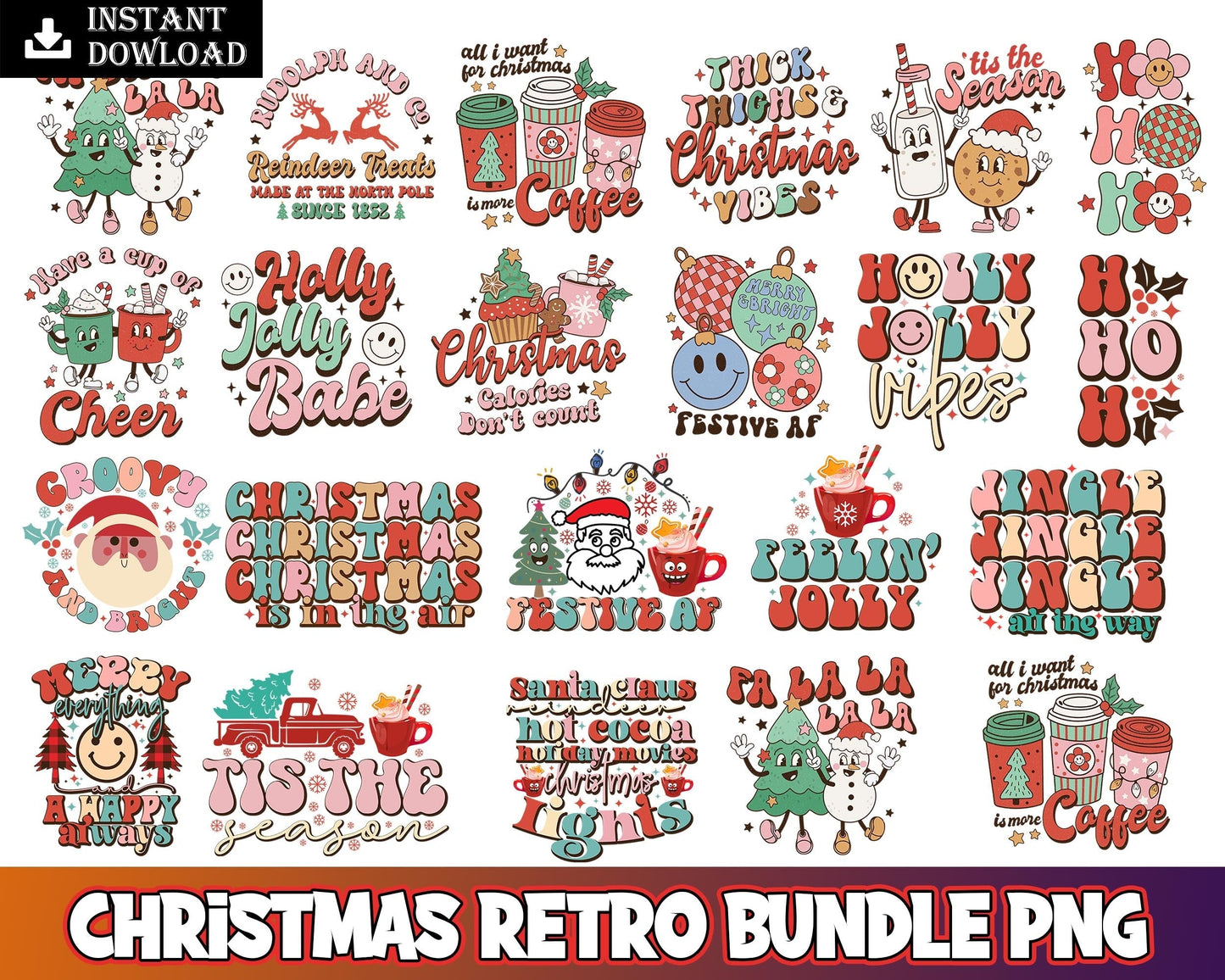 95+ Retro Christmas bundle, Christmas digital bundle, Designs bundle in PNG formats.