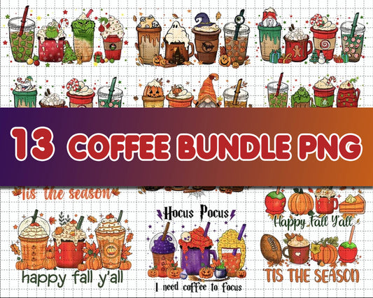 13 Coffee bundle, for halloween, for christmas, for fall season, all kinds of coffee cups bundle in PNG formats, Digital files