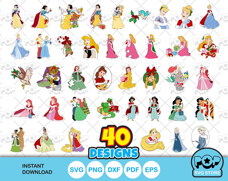 Disney Princess Christmas Clipart bundle, Princesses Christmas SVG cut files for Cricut / Silhouette, PNG, DXF, instant download