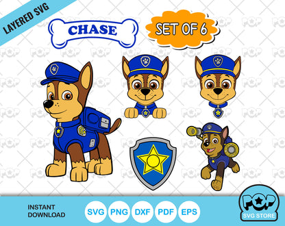 Chase 6 cliparts bundle, Paw Patrol SVG cut files for Cricut Silhouette, PNG, DXF, instant download