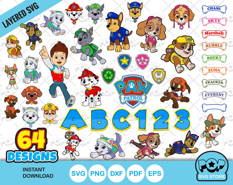 Paw Patrol 64 cliparts bundle, SVG cut files for Cricut Silhouette, SVG, PNG, DXF, instant download