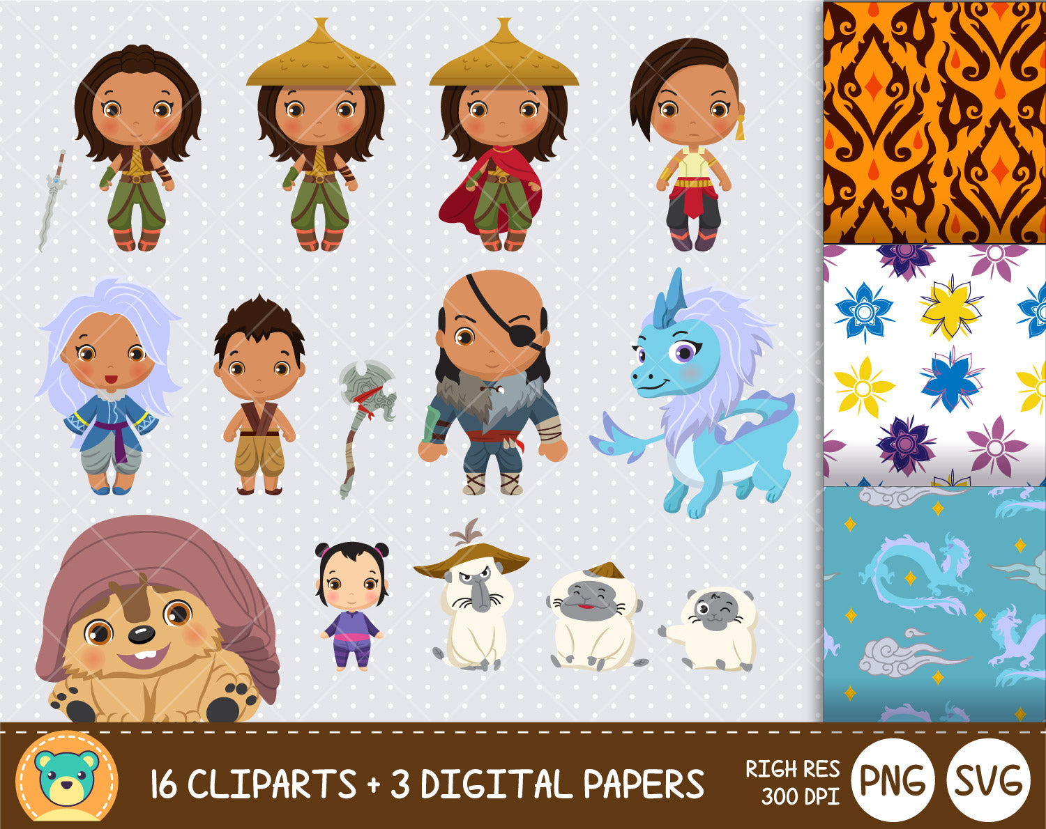 Cute Raya and the Dragon clipart set, clip art for decoration, scrapbo