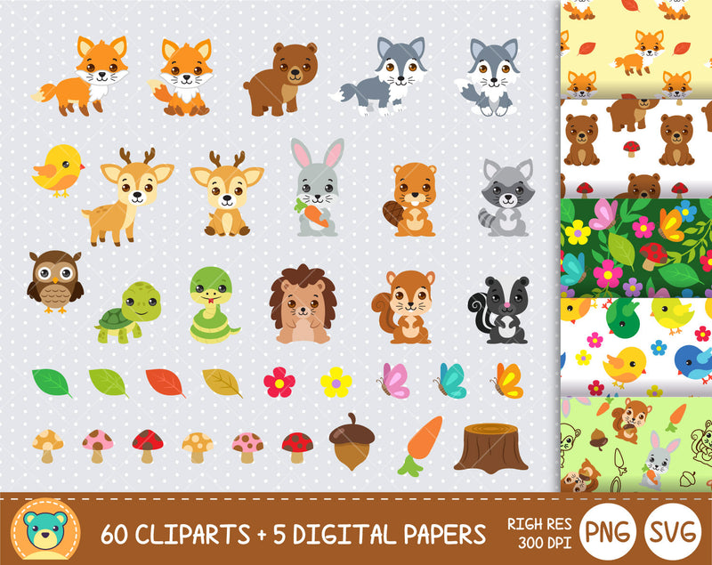 Woodland Animals clipart set, Digital clip art for decoration, scrapbooking, PNG, SVG, instant download