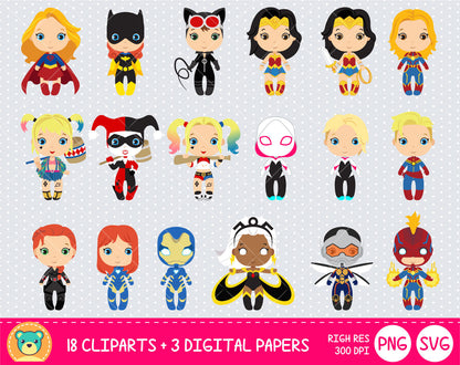 Cute Super Girls clipart set, Superheroines clip art for decoration, scrapbooking, PNG, SVG, instant download